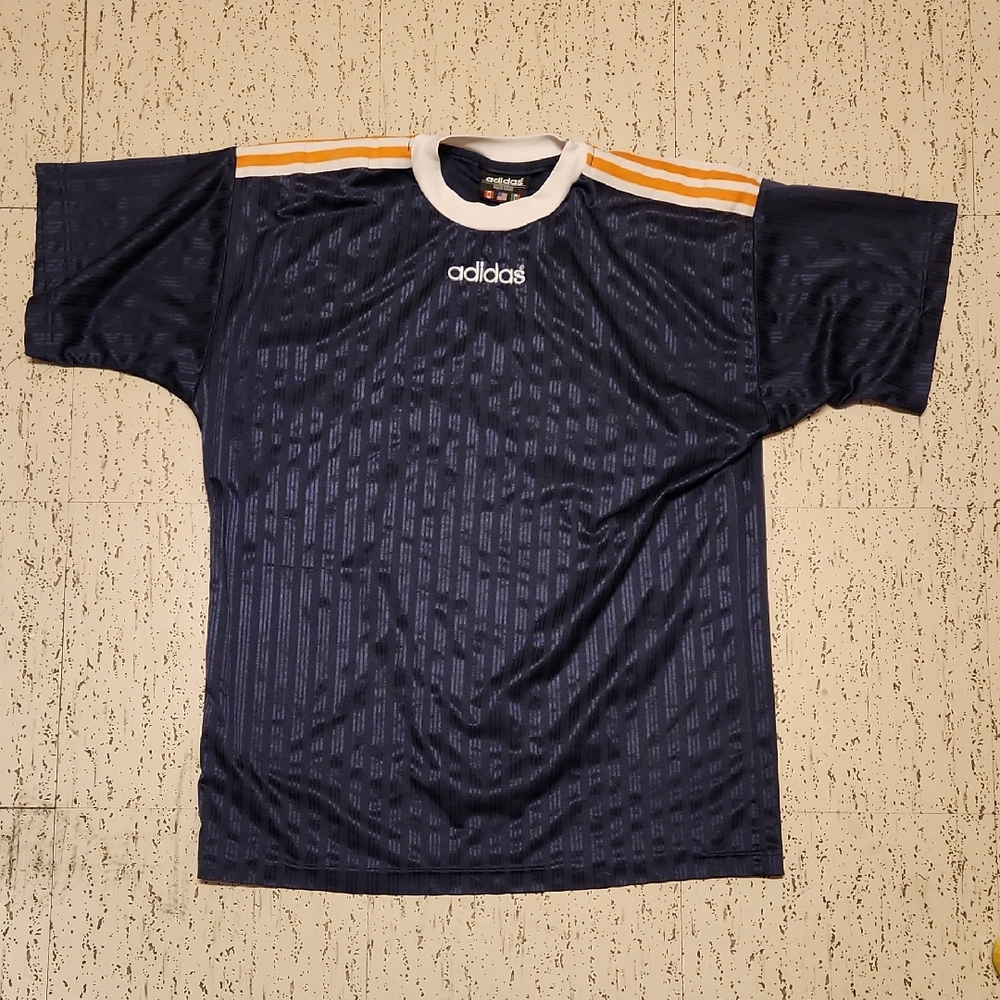 Adidas Blue Embroidered Stripe Soccer Jersey Spell Out Logo T Shirt Vintage 90s